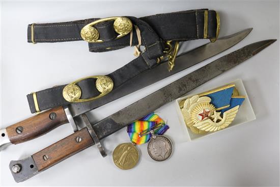 Two bayonets and other militaria